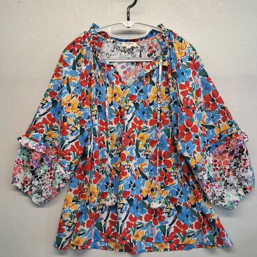 Umgee Women's L Boxy Cut Floral Painted Petals Top 3/4 Sleeve - Picture 1 of 7